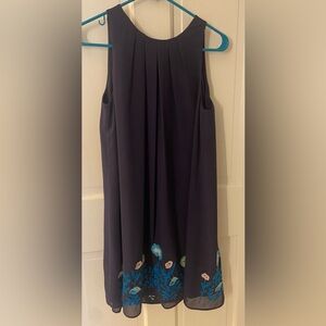 LOFT Outlet Navy A-Line Chiffon Dress with Embroidered Floral Hem